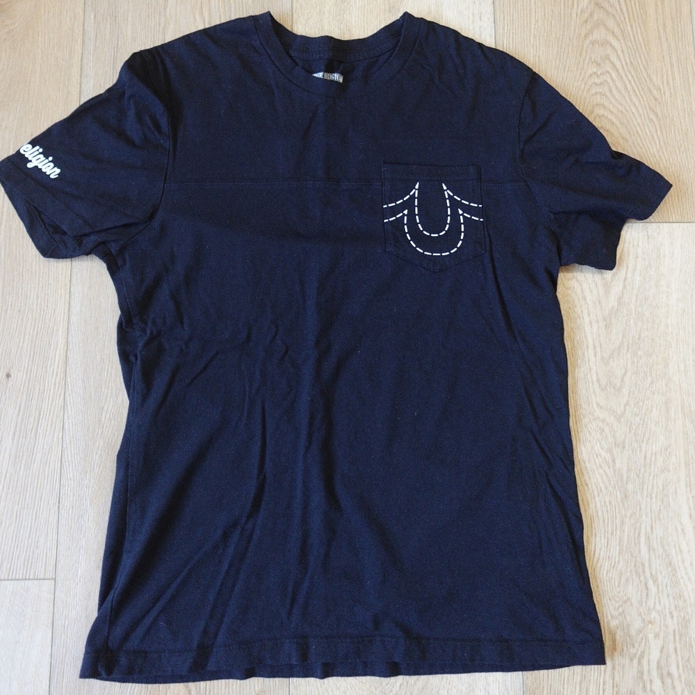 True Religion “Overtime” XL Black Pocket Tee • Horseshoe Stitch • Crew Neck Mens